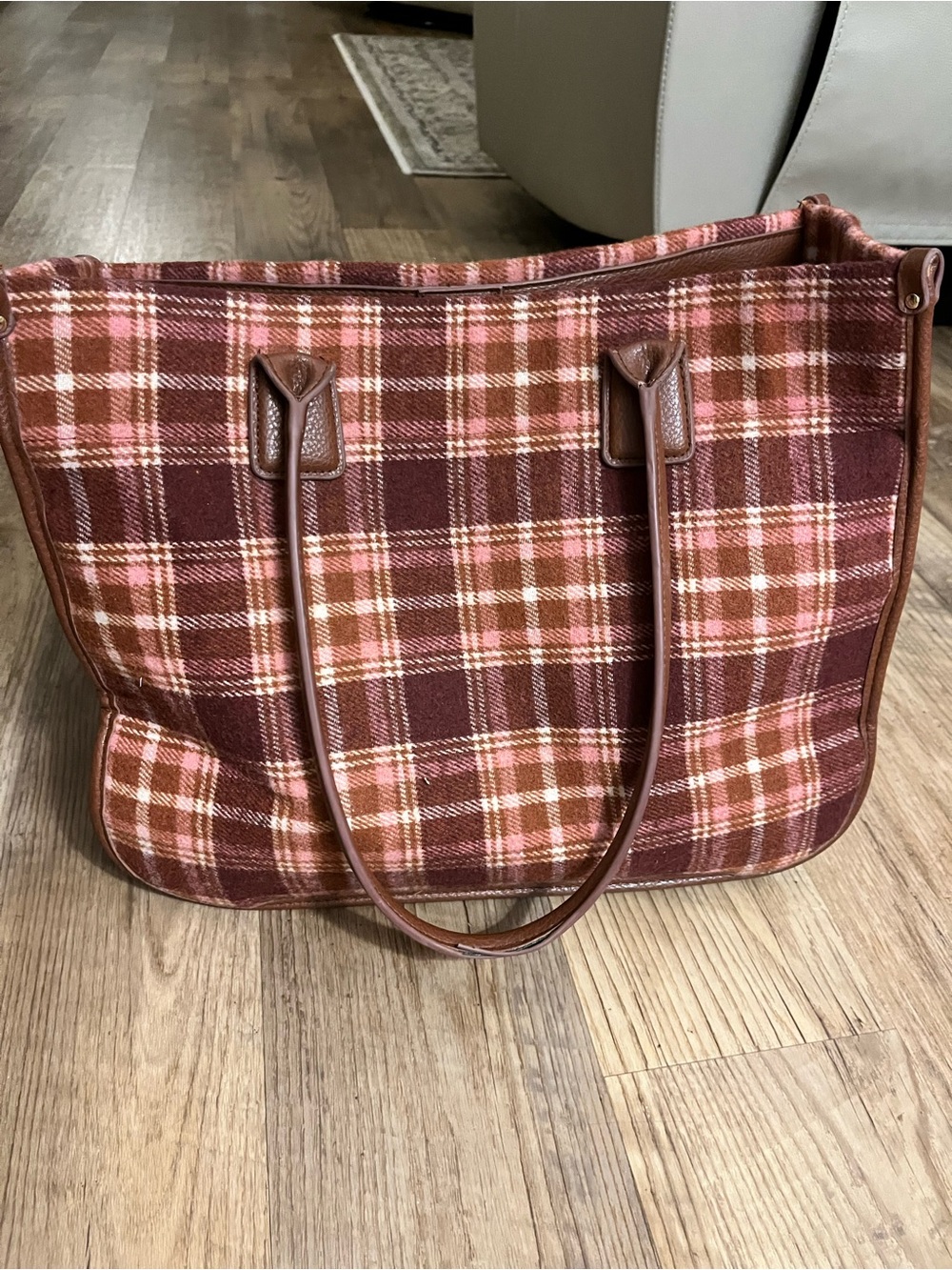 Time and Tru Brown and Pink Plaid Tote Bag